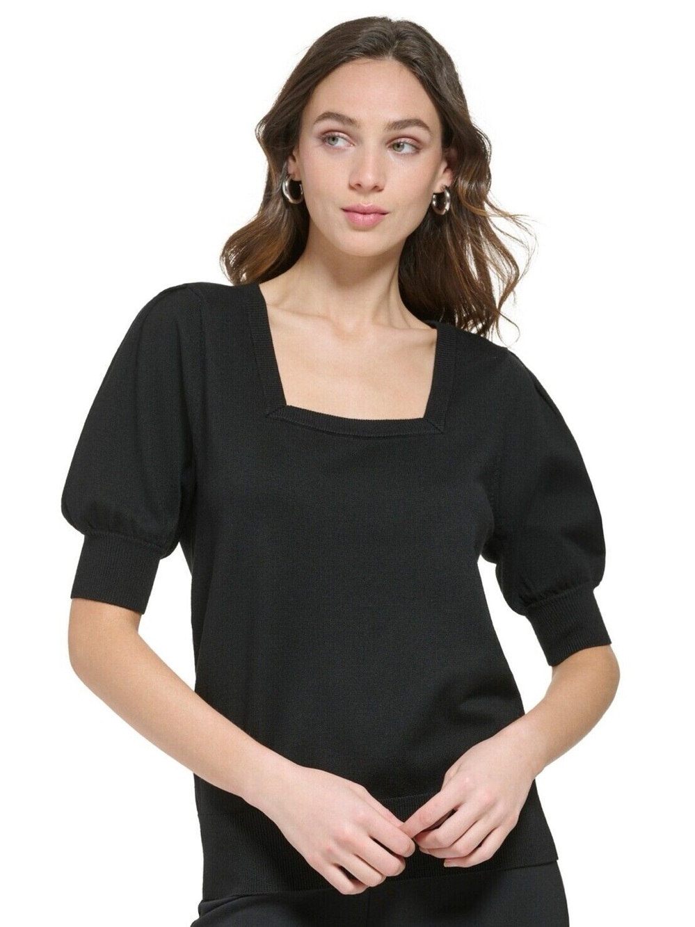 DKNY Black Square Neck Short Sleeve Knit Top with Rib Trim
